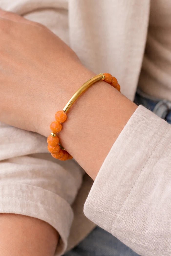 Orange Volcano Stone Gold Bar Bracelet - ELLY