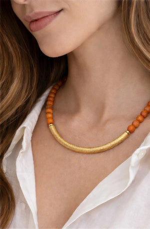 Orange Volcano Stones with 18 Karat Gold - Plated Brass Necklace - ELLY