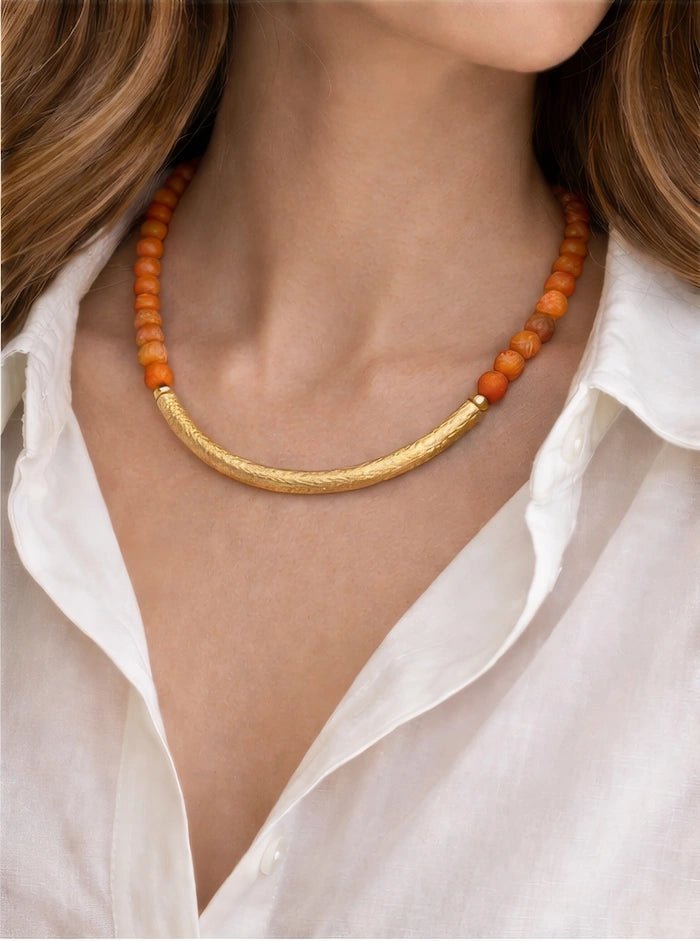 Orange Volcano Stones with 18 Karat Gold - Plated Brass Necklace - ELLY