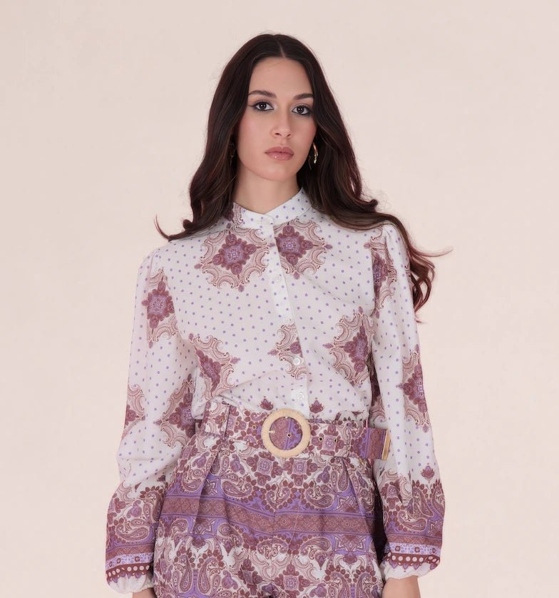 Ornate Printed Long - Sleeve Shirt – Avorio e Lilla - ELLY