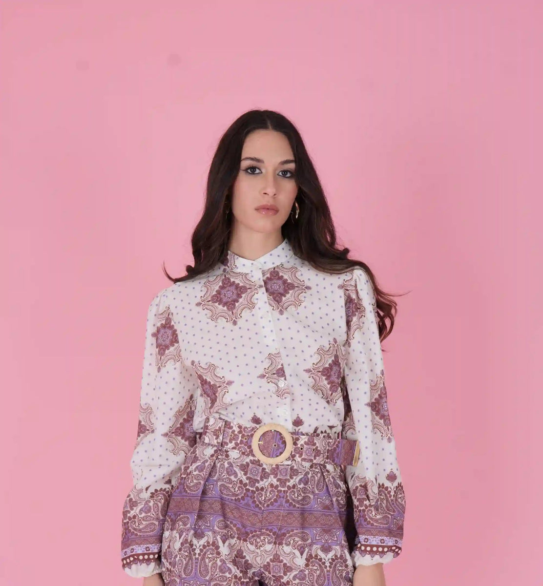 Ornate Printed Long - Sleeve Shirt – Avorio e Lilla - ELLY