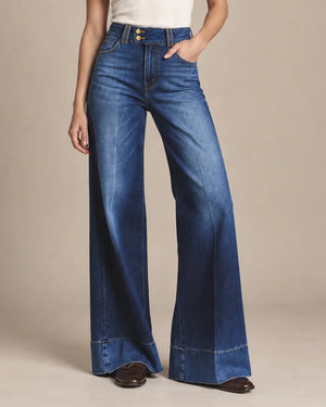 Front detail of blue Paola wide-leg jeans showing a high two-button waistband, curved front pockets and contrast stitching.