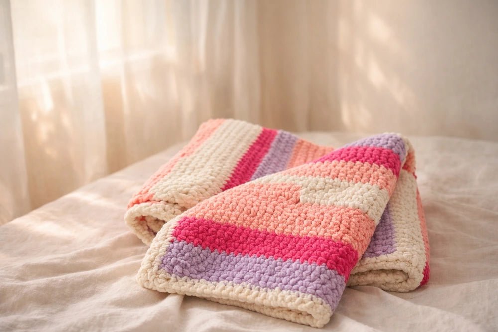 Pastel Harmony Handmade Blanket – Cream, Pink & Lilac - ELLY