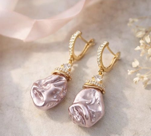 Pearl baroque stone earrings, featuring 18 karat gold plated design and zircon ornaments - ELLY