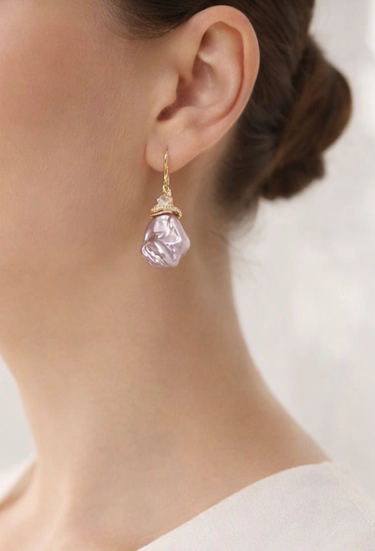 Pearl baroque stone earrings, featuring 18 karat gold plated design and zircon ornaments - ELLY