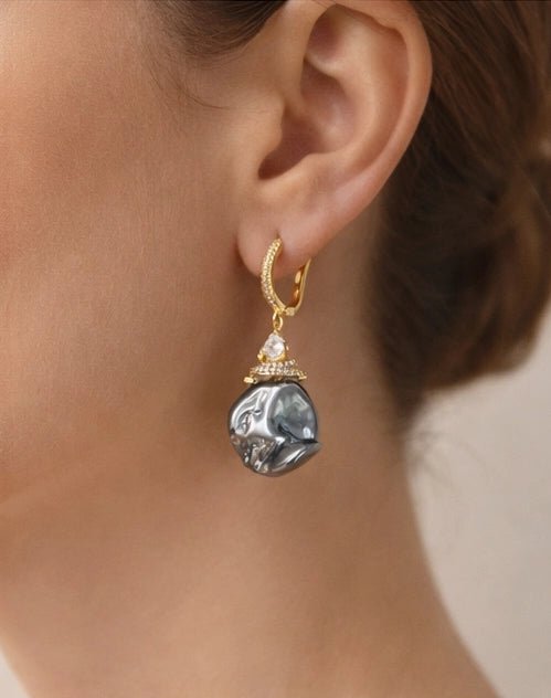 Pearl baroque stone earrings, featuring 18 karat gold plated design and zircon ornaments - ELLY