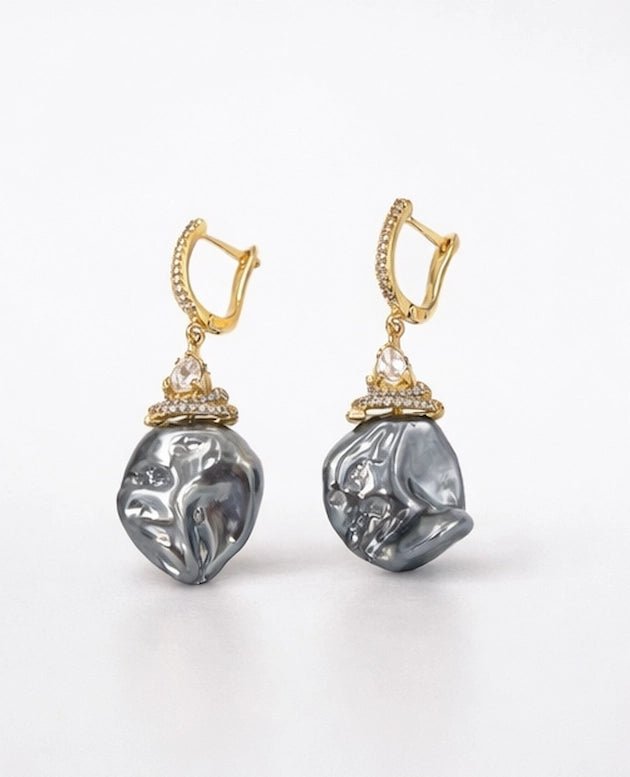 Pearl baroque stone earrings, featuring 18 karat gold plated design and zircon ornaments - ELLY