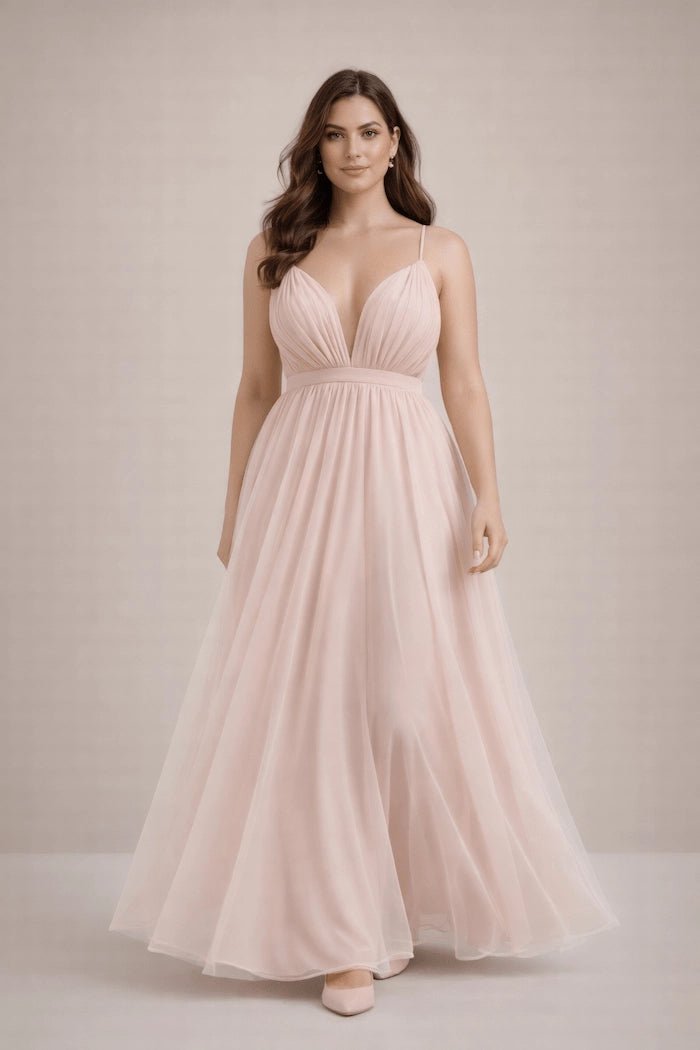 pink net dress A-Line Candy Pink Tulle V-Neck Wedding Guest Dress
