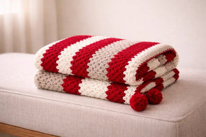 Pom - Pom Handmade Blanket – Red & Cream - ELLY