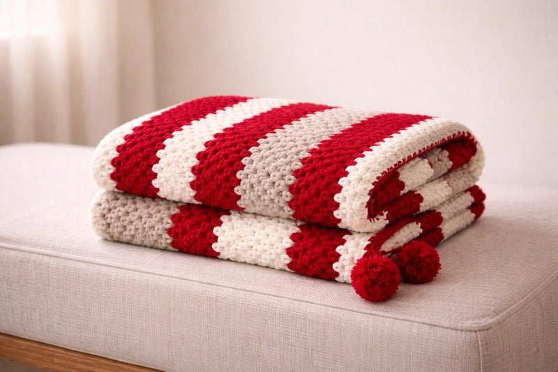 Pom - Pom Handmade Blanket – Red & Cream - ELLY