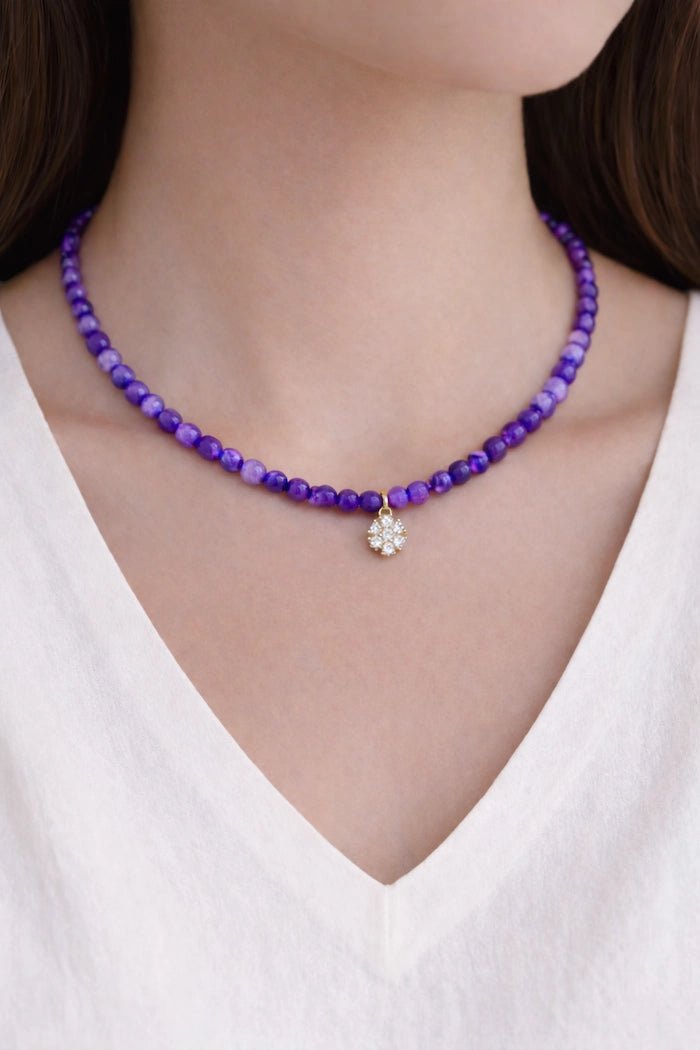 Purple Jade Beaded Necklace with Zircon Charm - ELLY