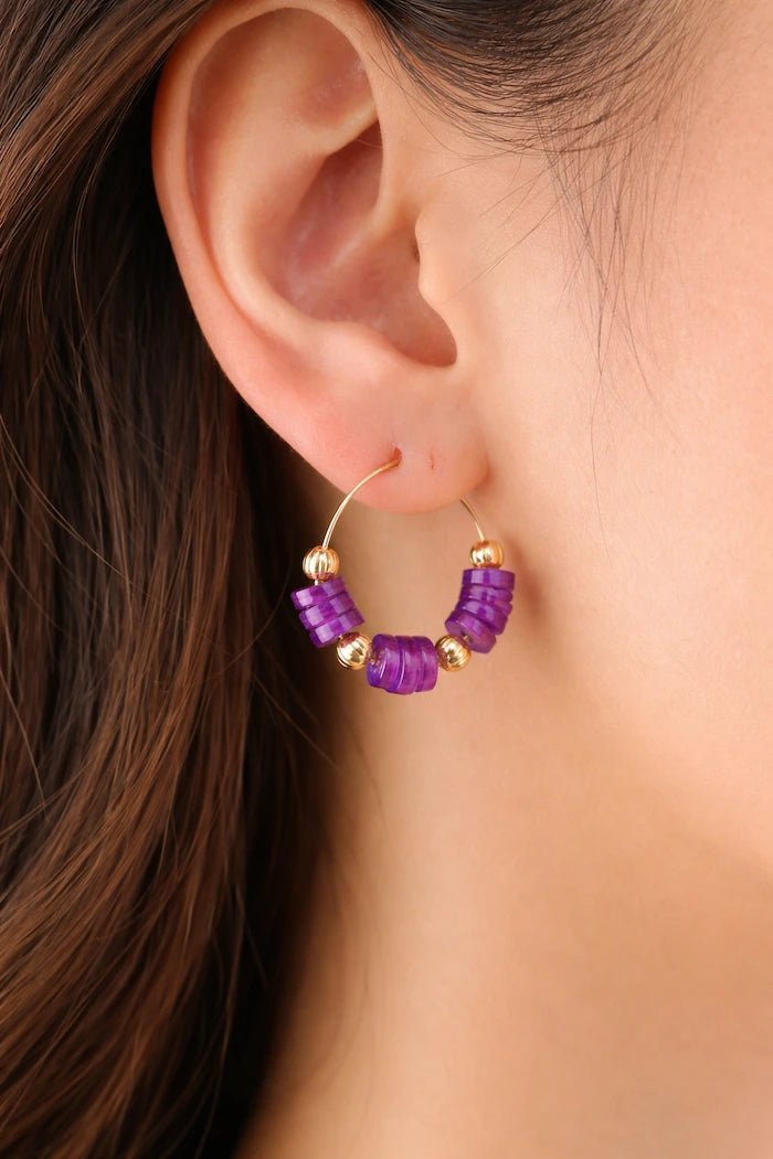Purple Stone & Gold Hoop Earrings - ELLY