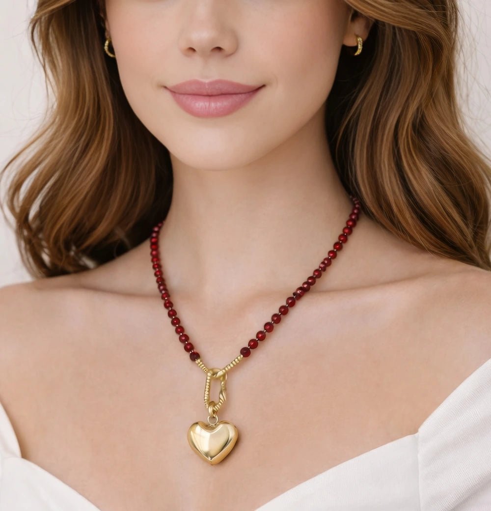Red Crystal Heart Pendant Necklace – Gold (ELLY) - ELLY