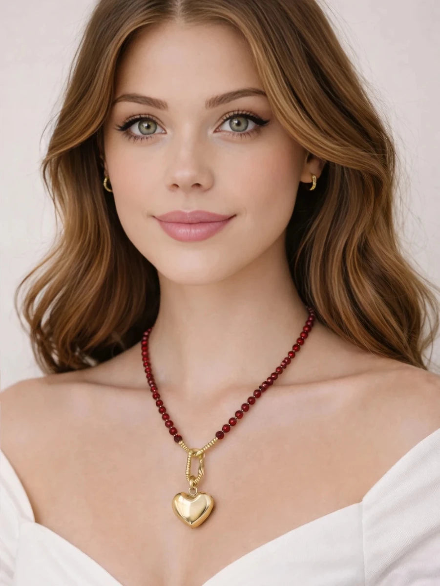 Red Crystal Heart Pendant Necklace – Gold (ELLY) - ELLY