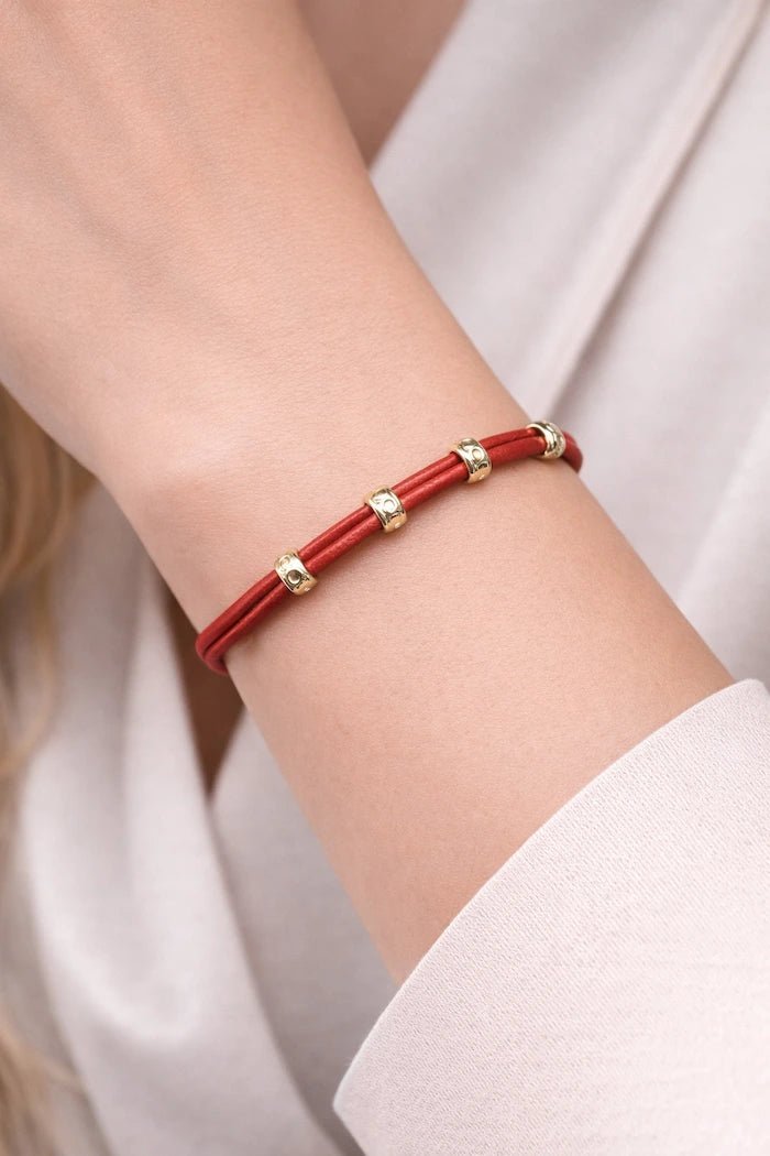 Red Leather & Gold Accent Bracelet - ELLY