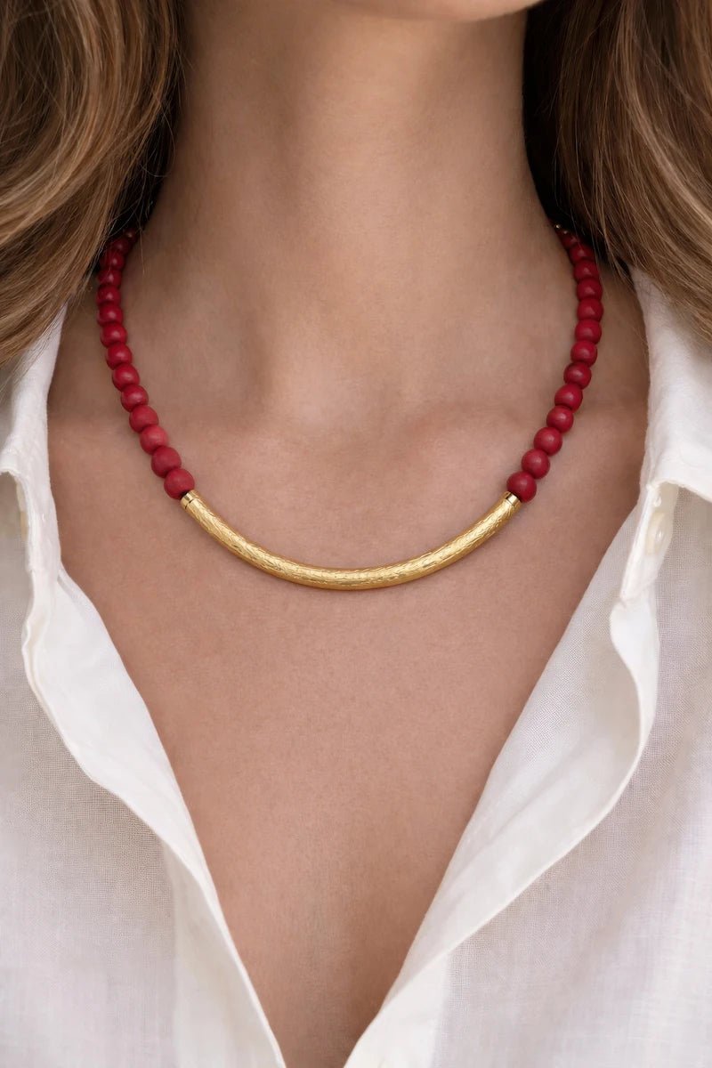 Red Volcano Stones Necklace in 18 Karat Gold - Plated Brass - ELLY