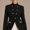 Roberta Black Gold-Button Blazer in Nero, closer product view showing the upper garment silhouette