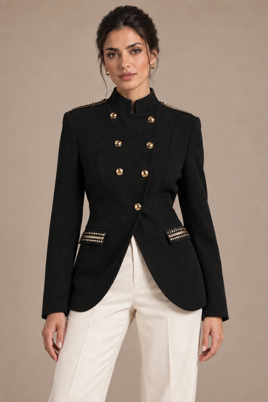 Roberta Black Gold-Button Blazer in Nero, full-length view on model showing the upper garment silhouette