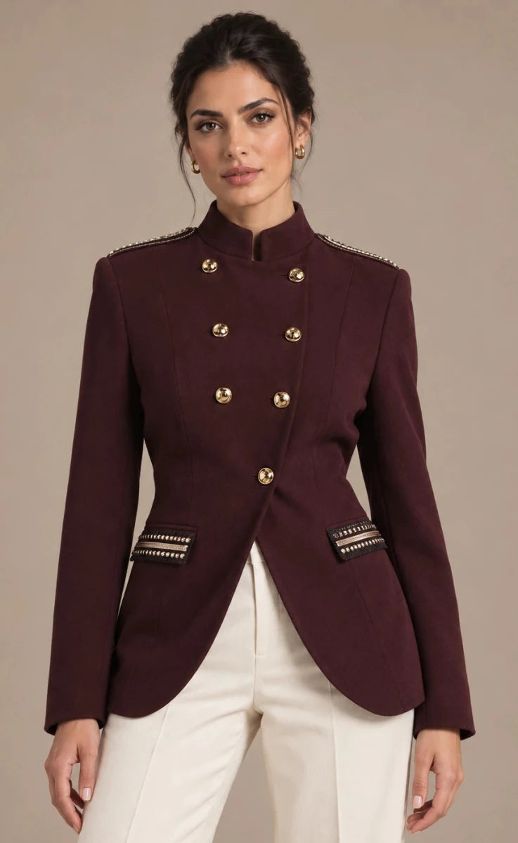 Roberta Bordeaux Gold-Button Blazer in Bordeaux, closer product view showing the upper garment silhouette