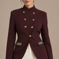 Roberta Bordeaux Gold-Button Blazer in Bordeaux, closer product view showing the upper garment silhouette