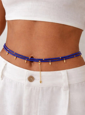 Royal Blue Beaded Convertible Necklace, Bracelet & Belt with Gold Charms - ELLY