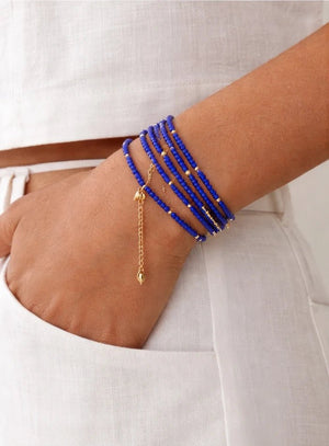 Royal Blue Beaded Convertible Necklace, Bracelet & Belt with Gold Charms - ELLY