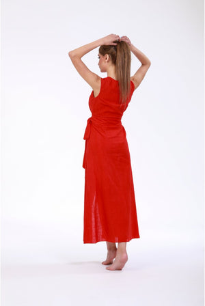 Rustic Red Stone - Washed Linen Wrap Maxi Dress - ELLY