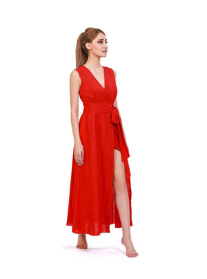 Rustic Red Stone - Washed Linen Wrap Maxi Dress - ELLY