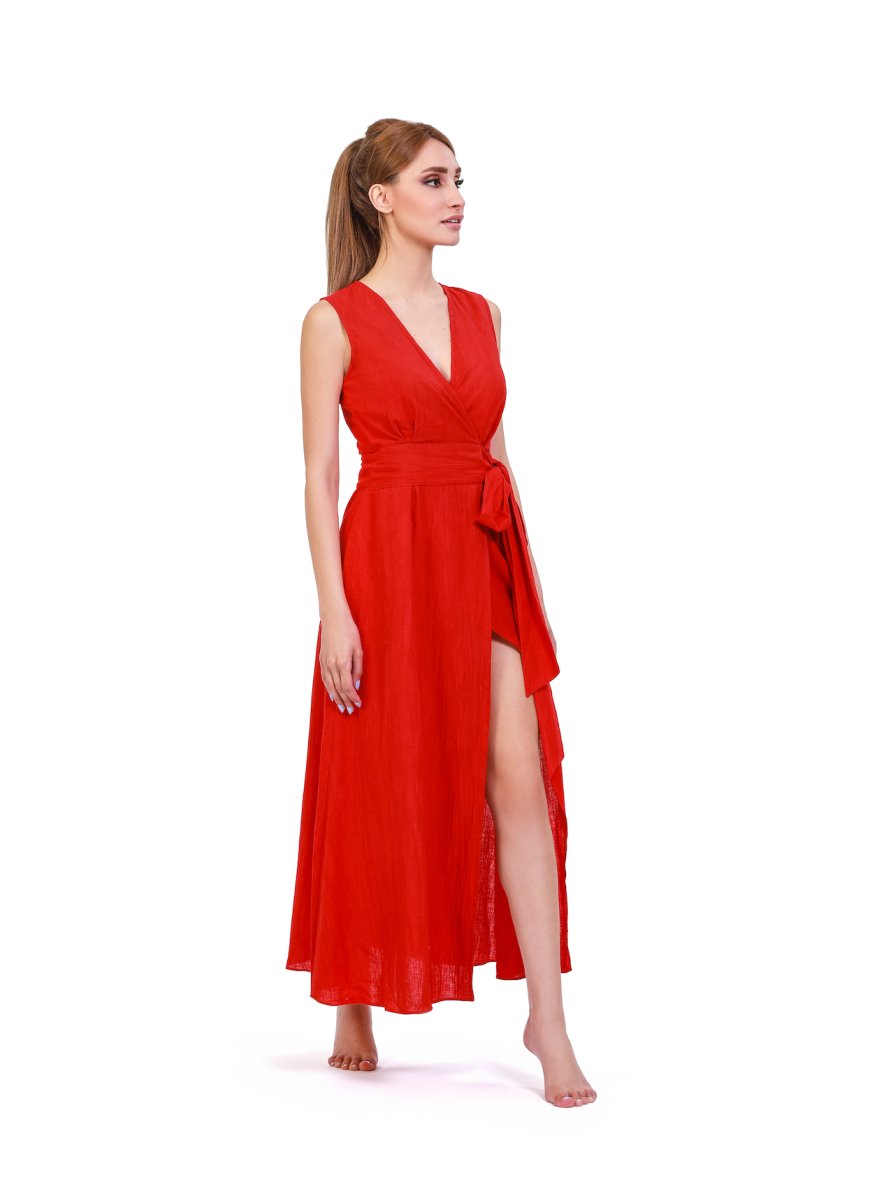 Rustic Red Stone - Washed Linen Wrap Maxi Dress - ELLY
