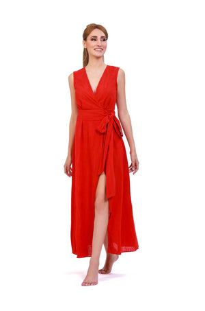 Rustic Red Stone - Washed Linen Wrap Maxi Dress - ELLY