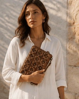 Sand Brown Floral Leather Clutch - ELLY