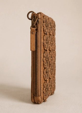 Sand Brown Floral Leather Clutch - ELLY