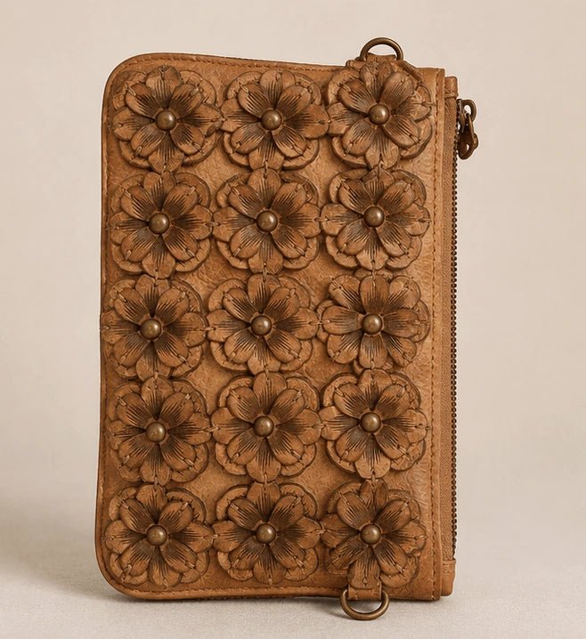 Sand Brown Floral Leather Clutch - ELLY