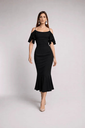 Satin Cold - Shoulder Siren Dress – Nero - ELLY