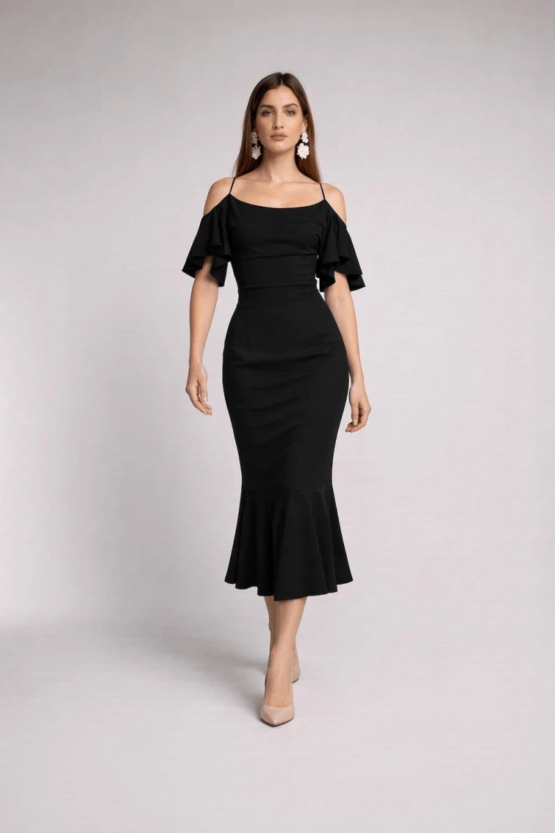 Satin Cold - Shoulder Siren Dress – Nero - ELLY