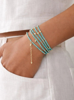 Sea Turquoise Beaded Convertible Necklace, Bracelet & Belt with Gold Charms - ELLY
