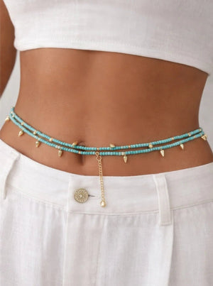 Sea Turquoise Beaded Convertible Necklace, Bracelet & Belt with Gold Charms - ELLY