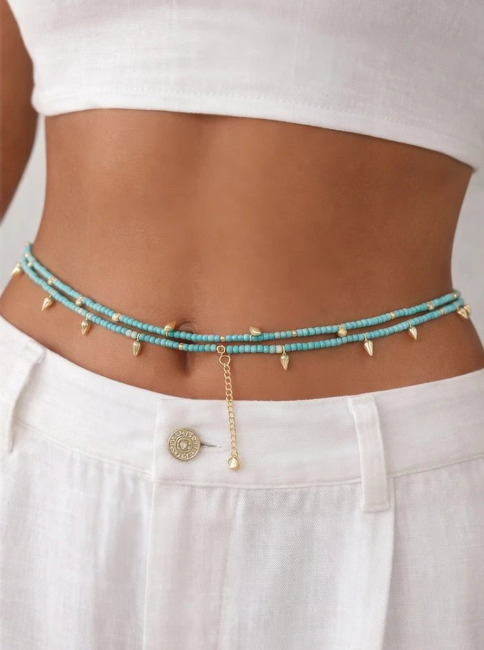 Sea Turquoise Beaded Convertible Necklace, Bracelet & Belt with Gold Charms - ELLY