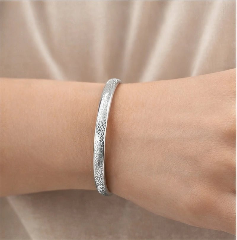 Silver Textured Stainless Steel Bangle Bracelet - ELLY