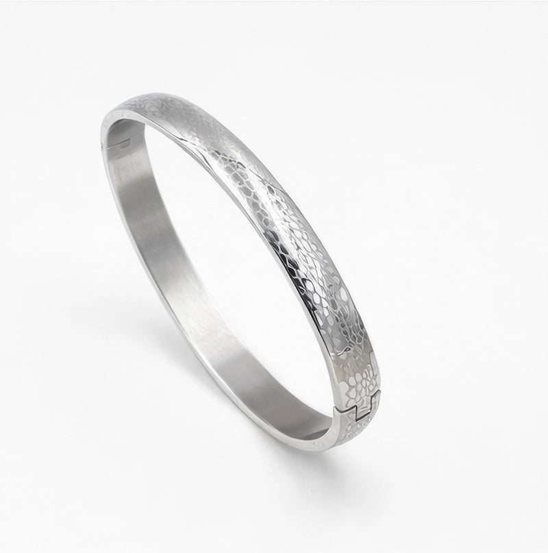 Silver Textured Stainless Steel Bangle Bracelet - ELLY