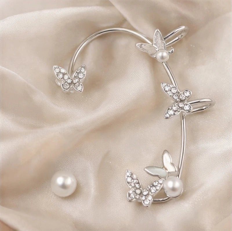 Silver Tone Butterfly Ear Cuff with Crystals & Pearls - ELLY