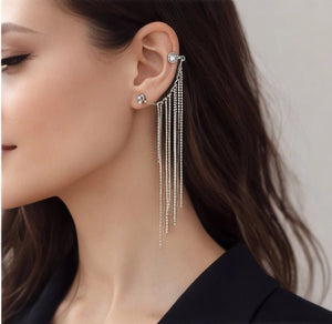 Silver Tone Ear Cuff & Crystal Stud Set with Chain Fringe - ELLY