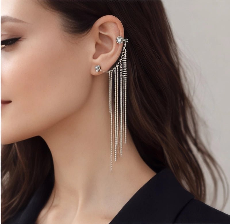 Silver Tone Ear Cuff & Crystal Stud Set with Chain Fringe - ELLY