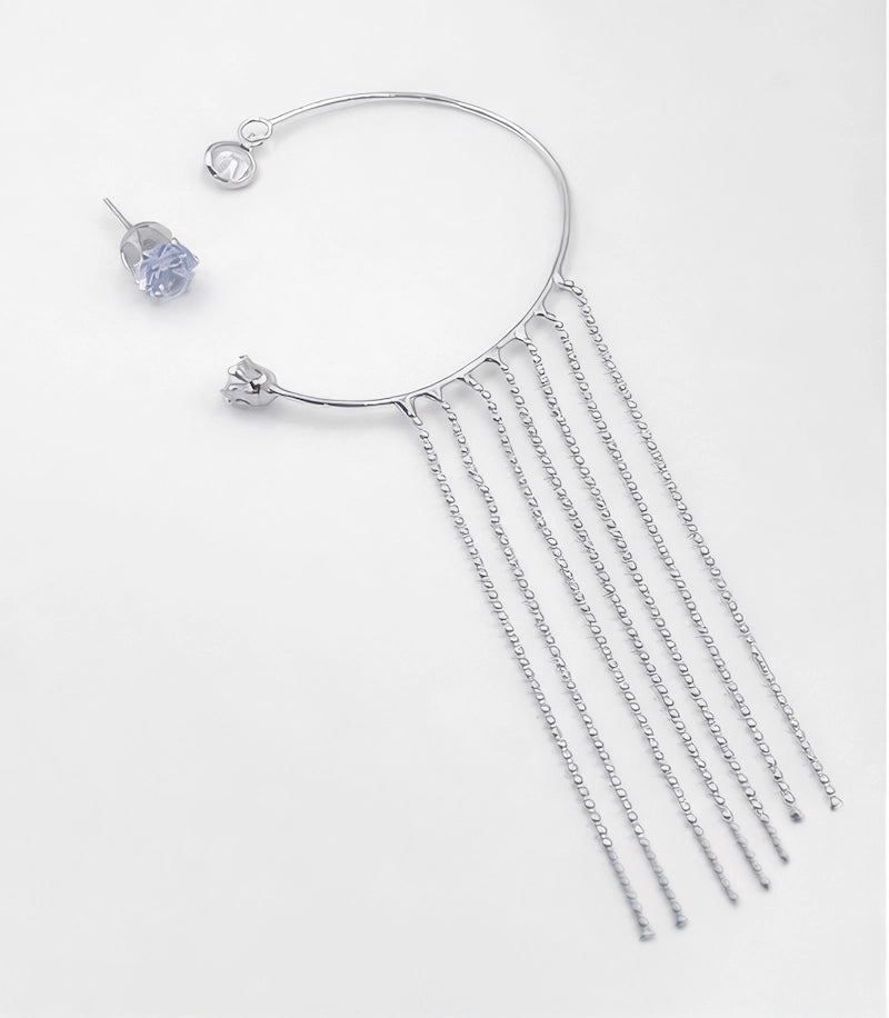 Silver Tone Ear Cuff & Crystal Stud Set with Chain Fringe - ELLY