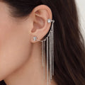 Silver Tone Ear Cuff & Crystal Stud Set with Chain Fringe - ELLY