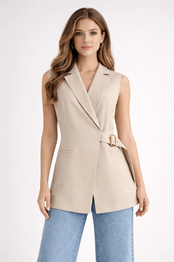 Sleeveless Belted Jacket – Beige - ELLY