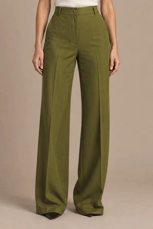Stefy Olive Wide-Leg Trousers in Gessato Oliva, product-focused lower-body view emphasizing the pants