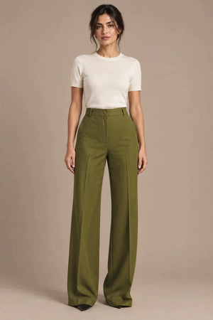 Stefy Olive Wide-Leg Trousers in Gessato Oliva, product-focused lower-body view emphasizing the pants