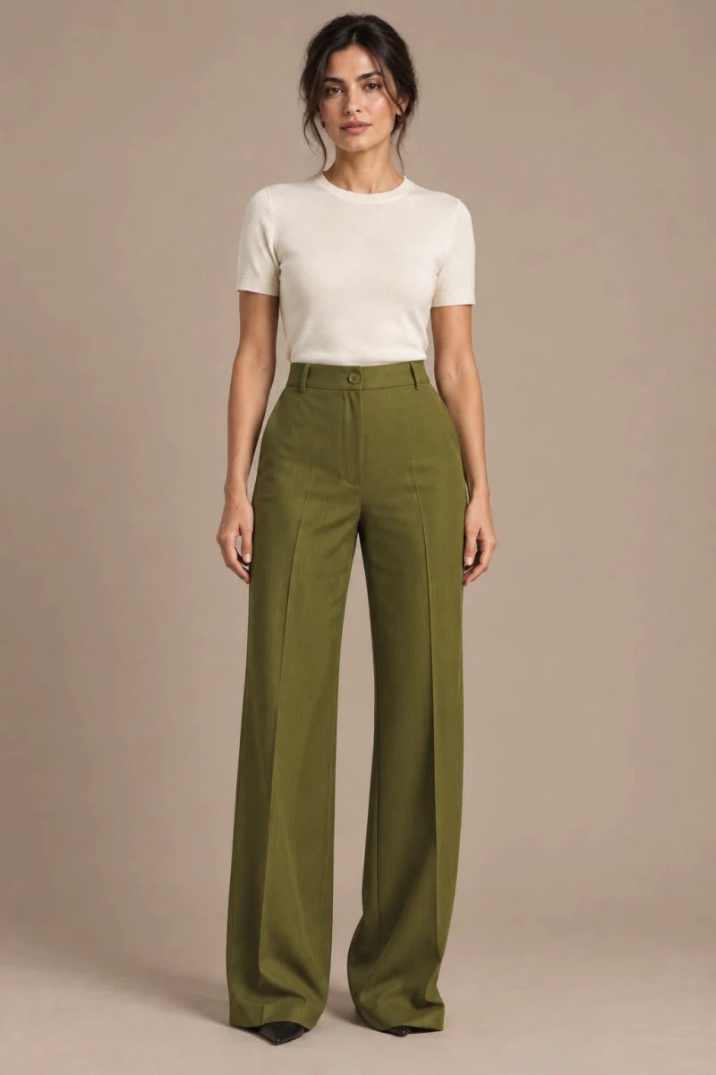 Stefy Olive Wide-Leg Trousers in Gessato Oliva, product-focused lower-body view emphasizing the pants