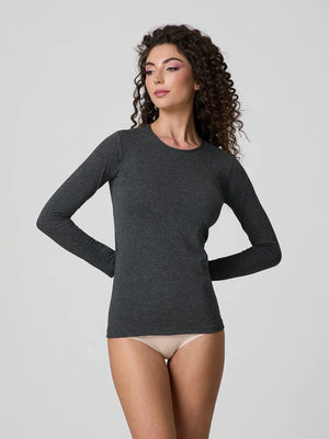 Dark mélange grey fitted stretch-blend long-sleeve top with crew neckline, three-quarter front view